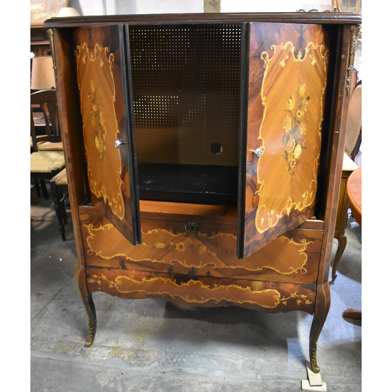 Meuble TV vintage en bois recouvert de marqueterie florale