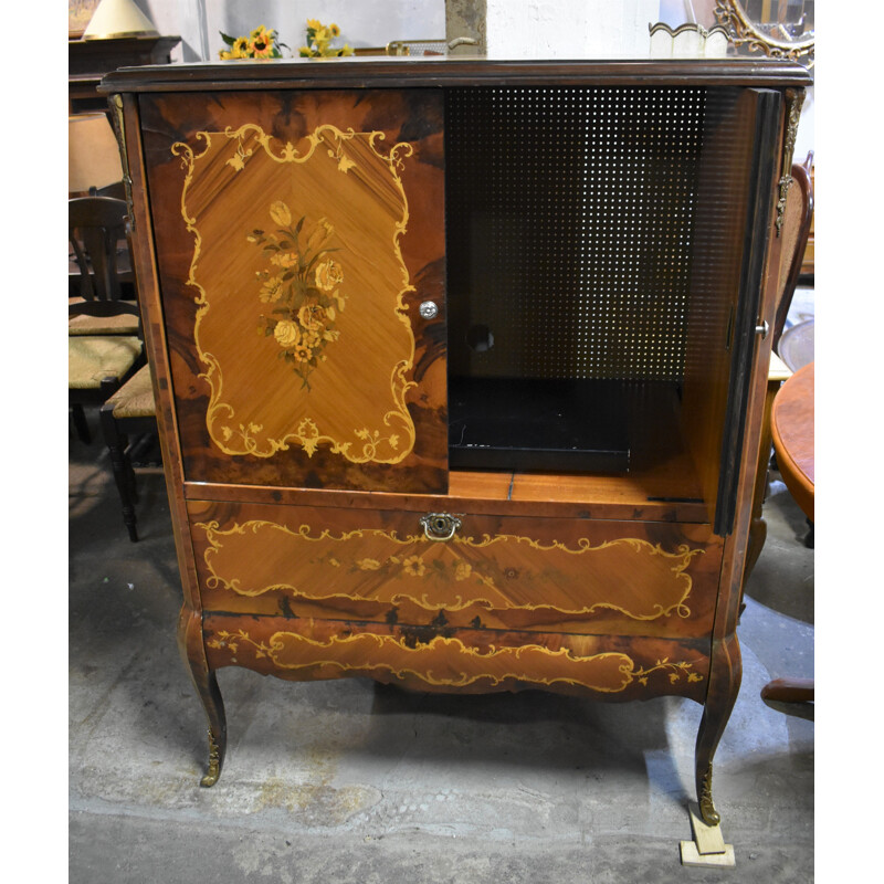 Vintage Wooden TV cabinet covered with floral marquetry