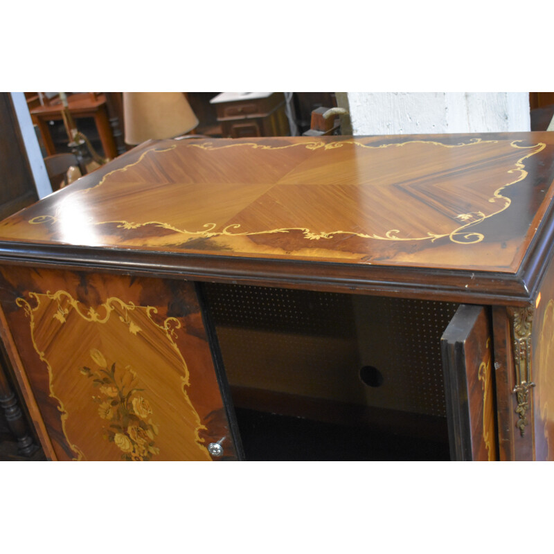 Vintage Wooden TV cabinet covered with floral marquetry