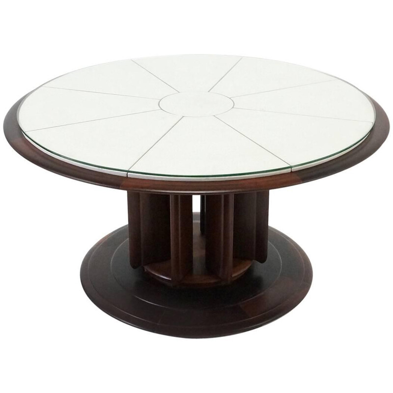 Mid-century coffee table in rosewood, brass, glass and leatherette - 1950s