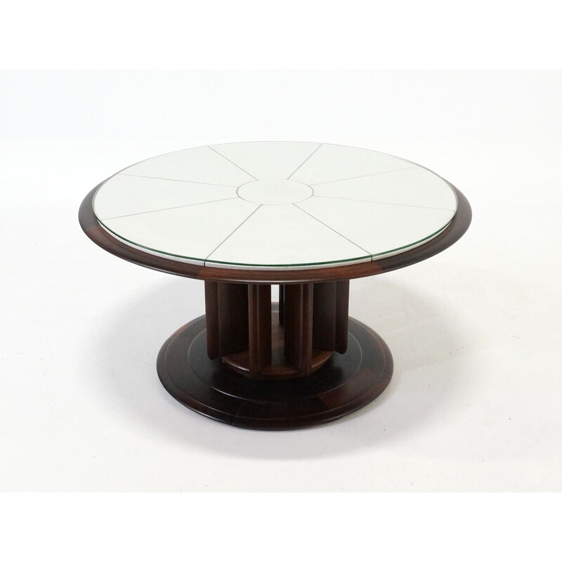 Mid-century coffee table in rosewood, brass, glass and leatherette - 1950s