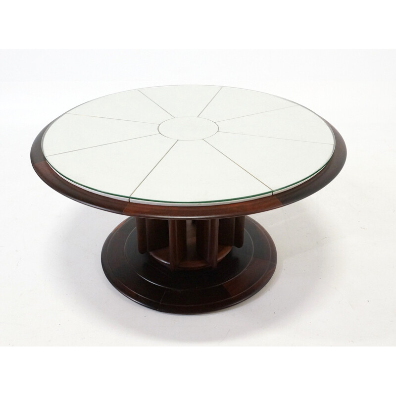 Mid-century coffee table in rosewood, brass, glass and leatherette - 1950s