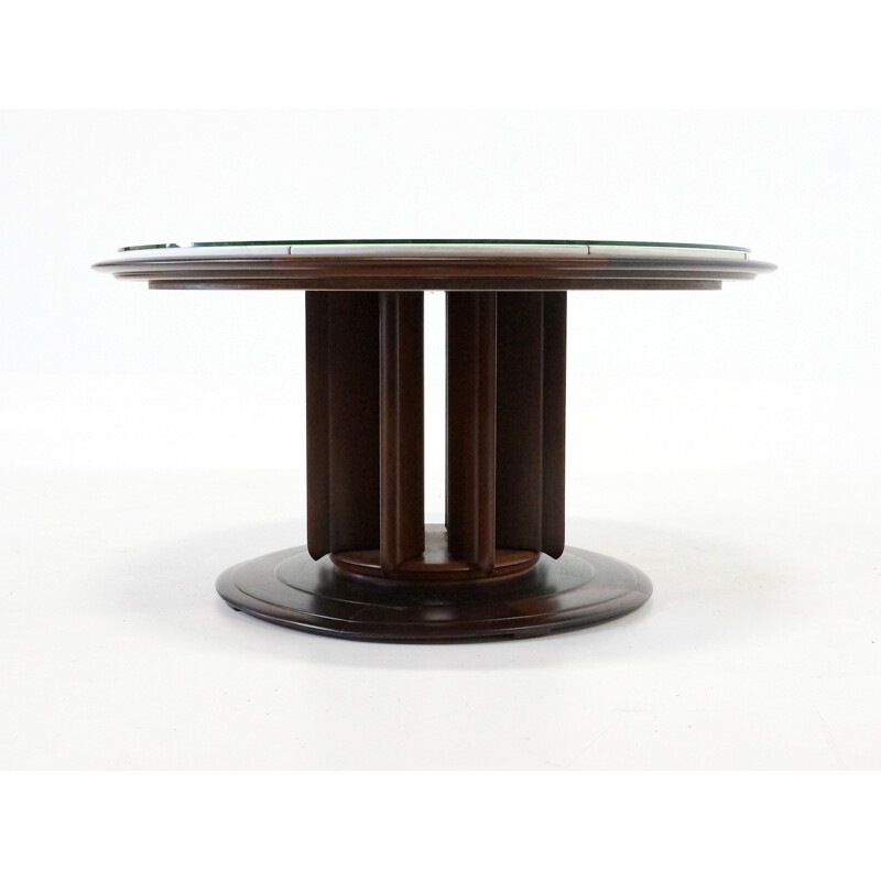 Table basse circulaire en palissandre, laiton, verre et simili-cuir - 1950