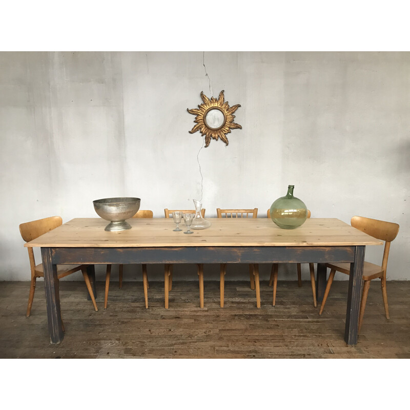 Large vintage farm table in fir, early 20th century 