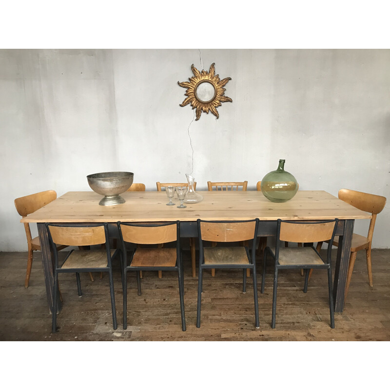 Large vintage farm table in fir, early 20th century 