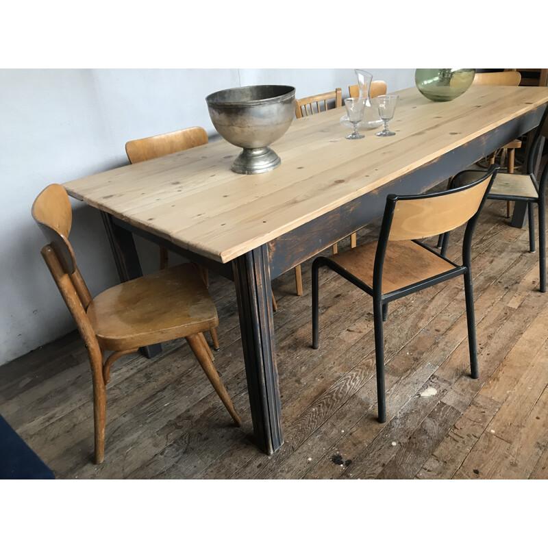 Large vintage farm table in fir, early 20th century 