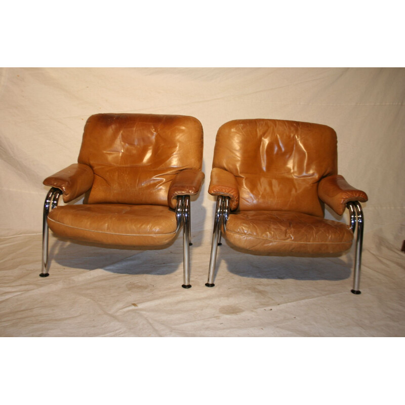 Pair of vintage leather chairs fom Hans Eichenberger for De Sede switzerland  1970s