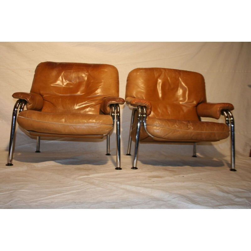 Pair of vintage leather chairs fom Hans Eichenberger for De Sede switzerland  1970s
