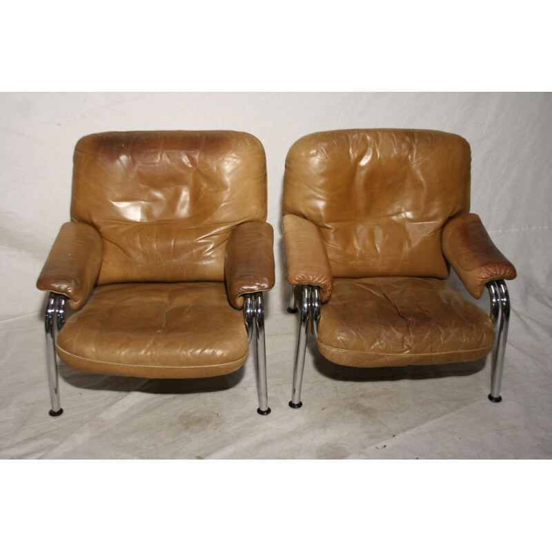 Pair of vintage leather chairs fom Hans Eichenberger for De Sede switzerland  1970s