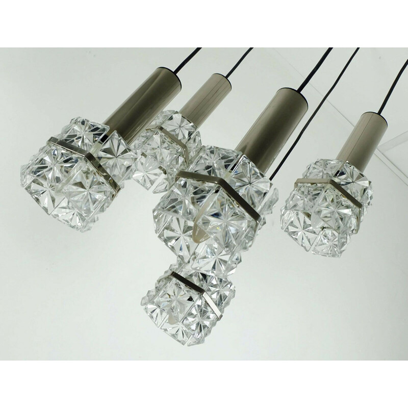 Mid century Pendant Light  5-light cascading lamp faceted glass and chrome 1960s