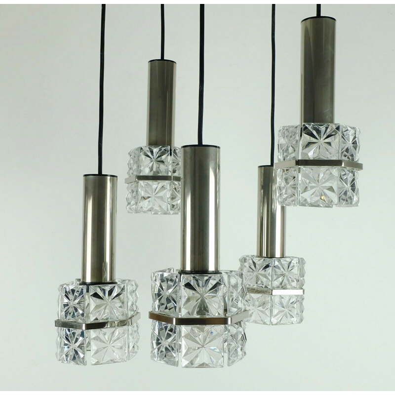 Mid century Pendant Light  5-light cascading lamp faceted glass and chrome 1960s