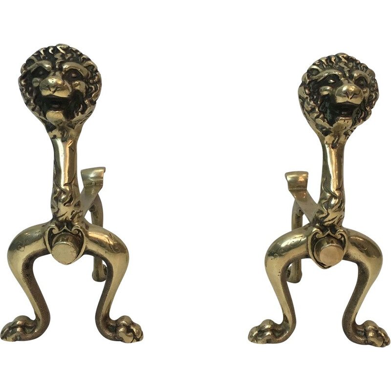 Pair of Vintage Bronze Chenets with Lion 1990