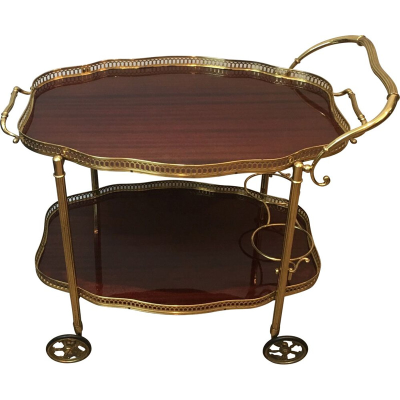 Vintage brass and mahogany rolling table, France 1940