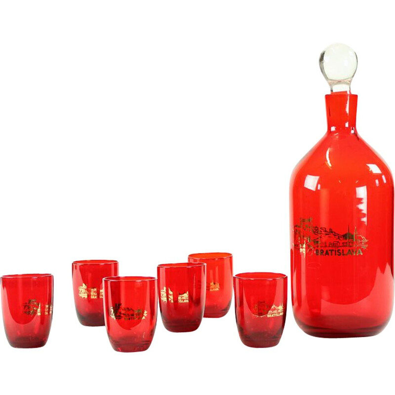 Vintage liquor bottle and glasses set in red glass, Czech 1960