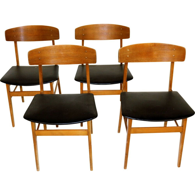 Set of 4 vintage teak and beech chairs, Denmark 1960