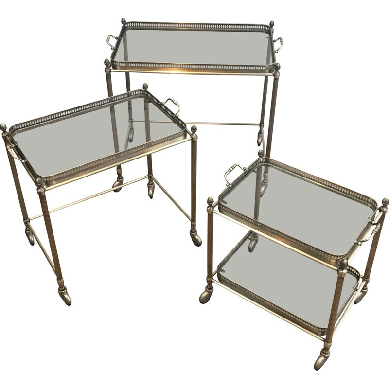 Suite of 3 Vintage French 1970 Nesting Tables on Wheels