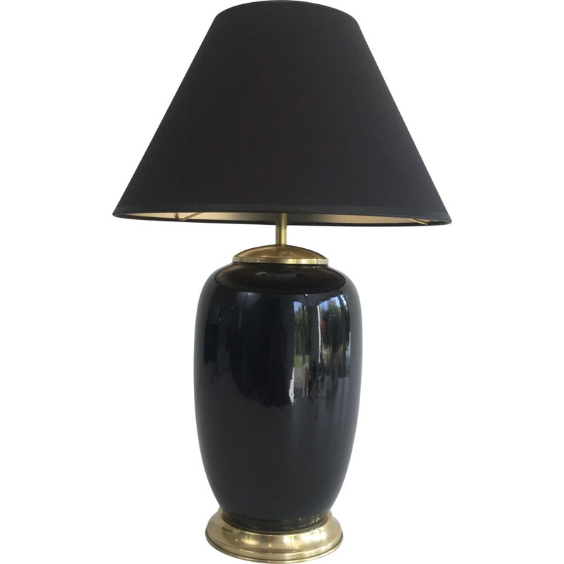 Vintage black lacquered porcelain and brass lamp, France 1970