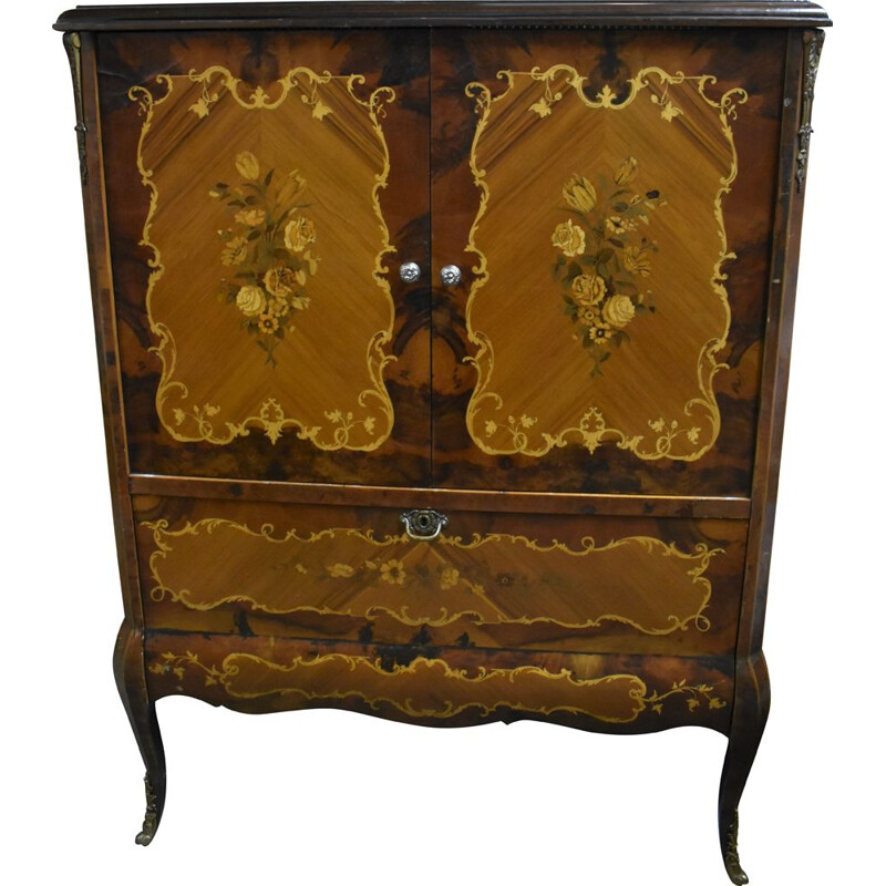 Vintage Wooden TV cabinet covered with floral marquetry