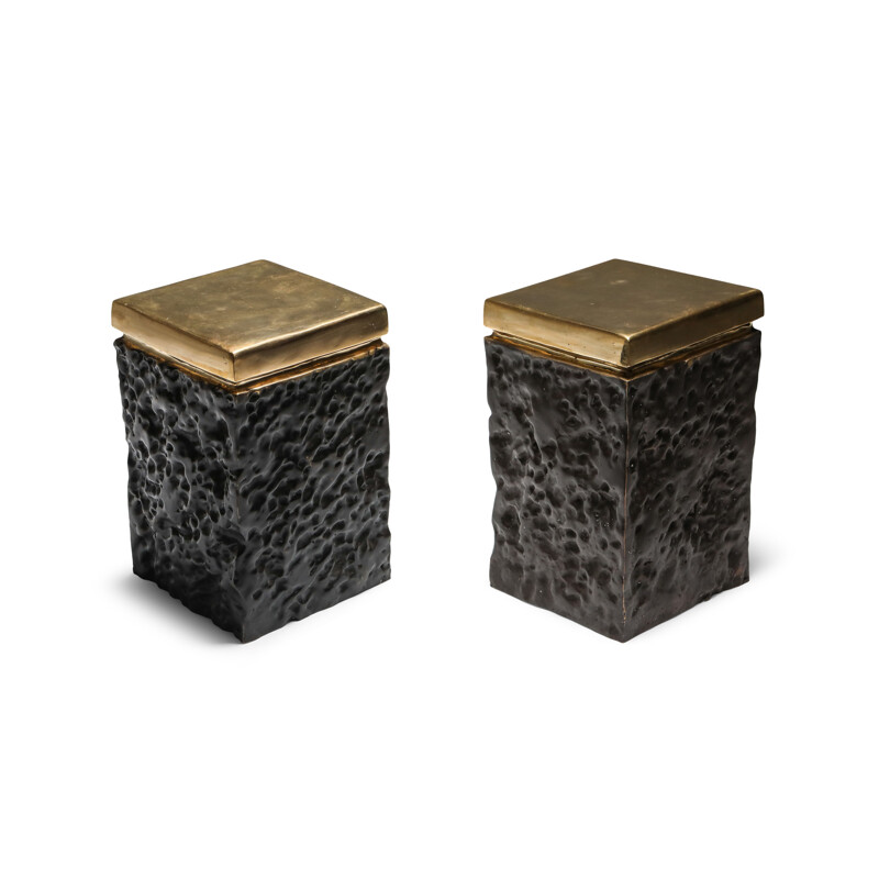 Pair of Vintage Black and Bronze Lava Stools 2010