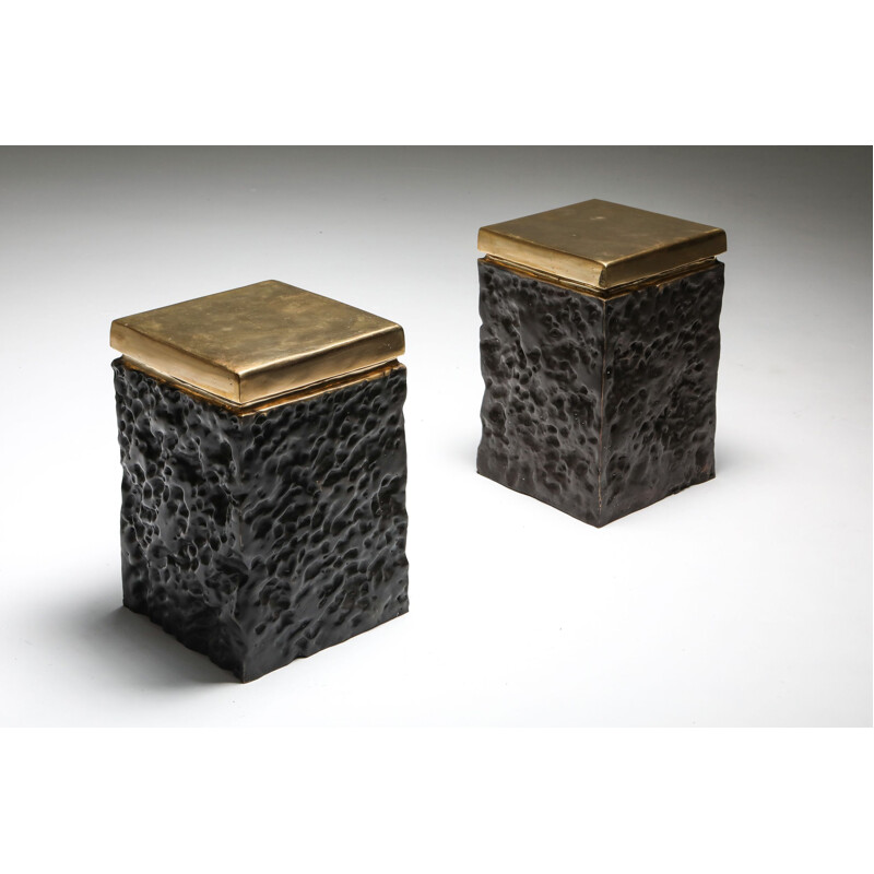 Pair of Vintage Black and Bronze Lava Stools 2010