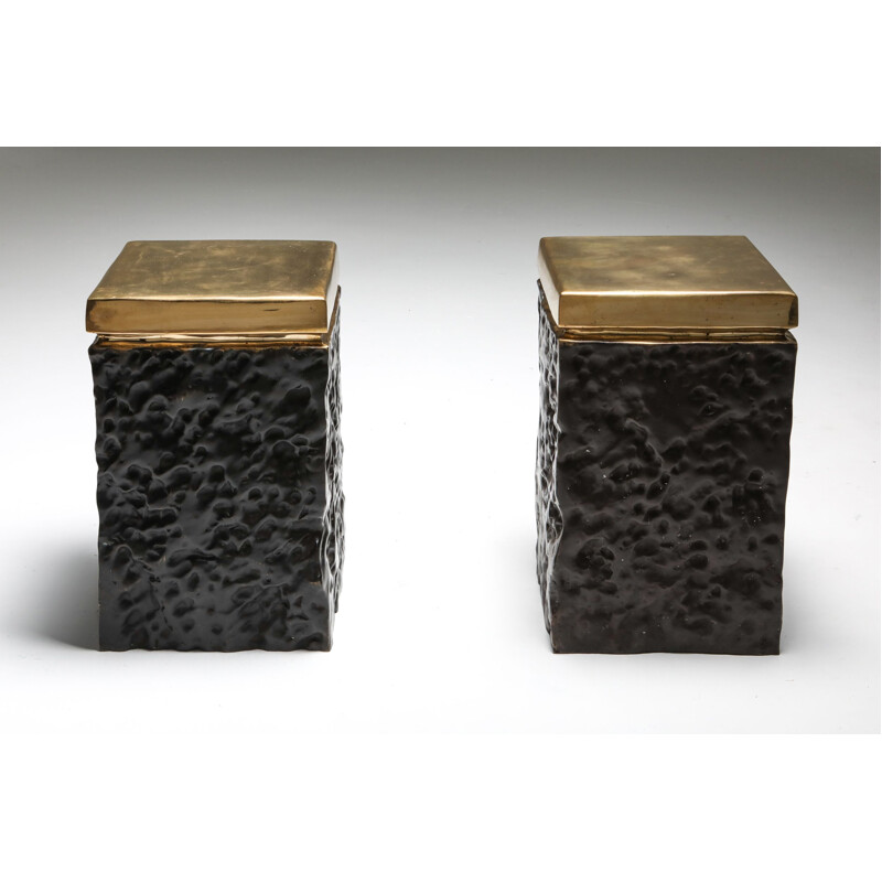 Pair of Vintage Black and Bronze Lava Stools 2010