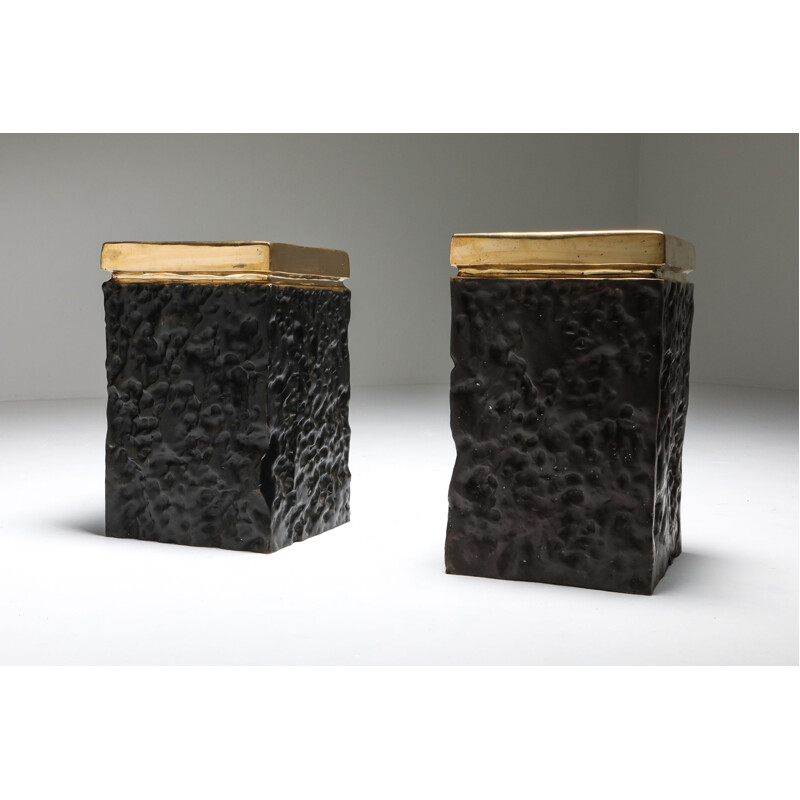 Pair of Vintage Black and Bronze Lava Stools 2010