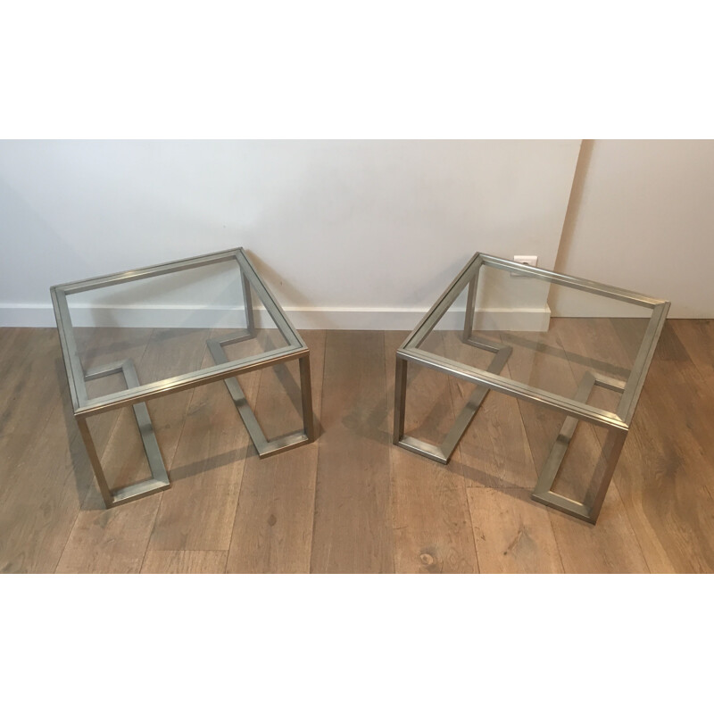 Pair of vintage brushed steel sofa ends, France 1970