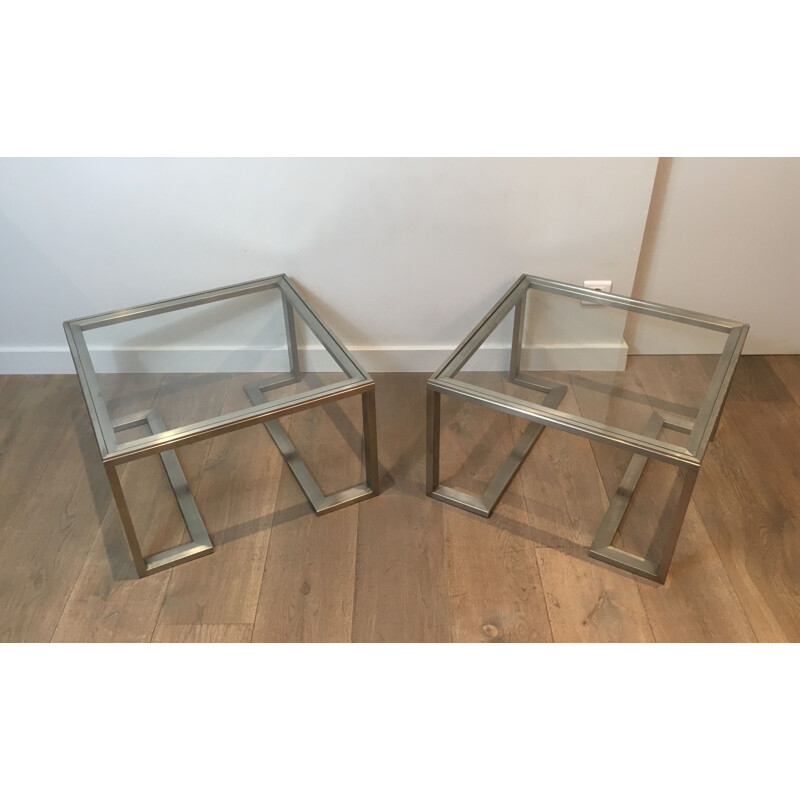 Pair of vintage brushed steel sofa ends, France 1970