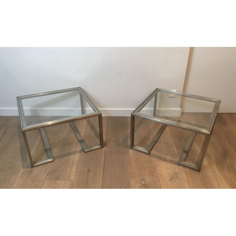 Pair of vintage brushed steel sofa ends, France 1970