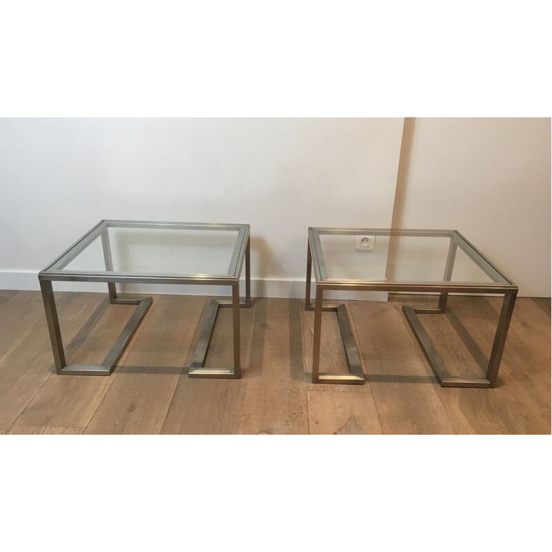 Pair of vintage brushed steel sofa ends, France 1970