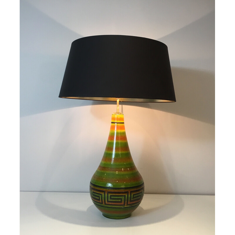 Lampe vintage en céramique à décor de clés grecques, France 1970