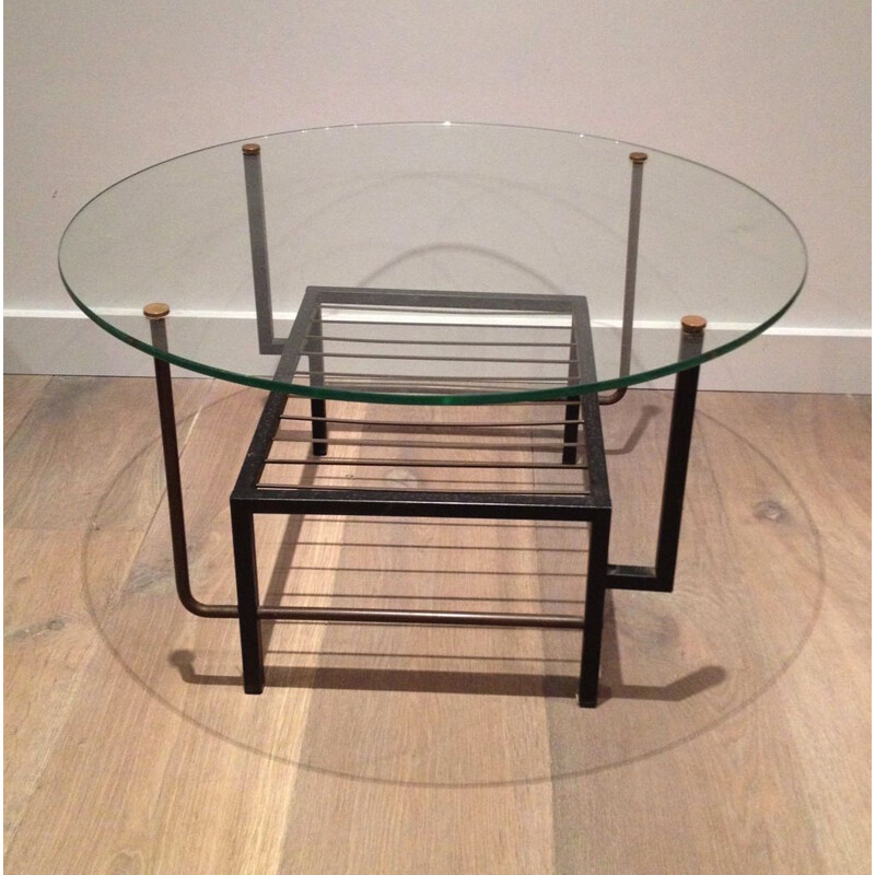 Round vintage coffee table, black lacquered metal, France 1970