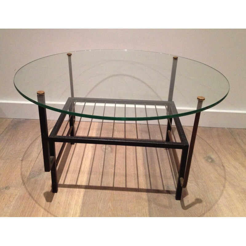 Round vintage coffee table, black lacquered metal, France 1970