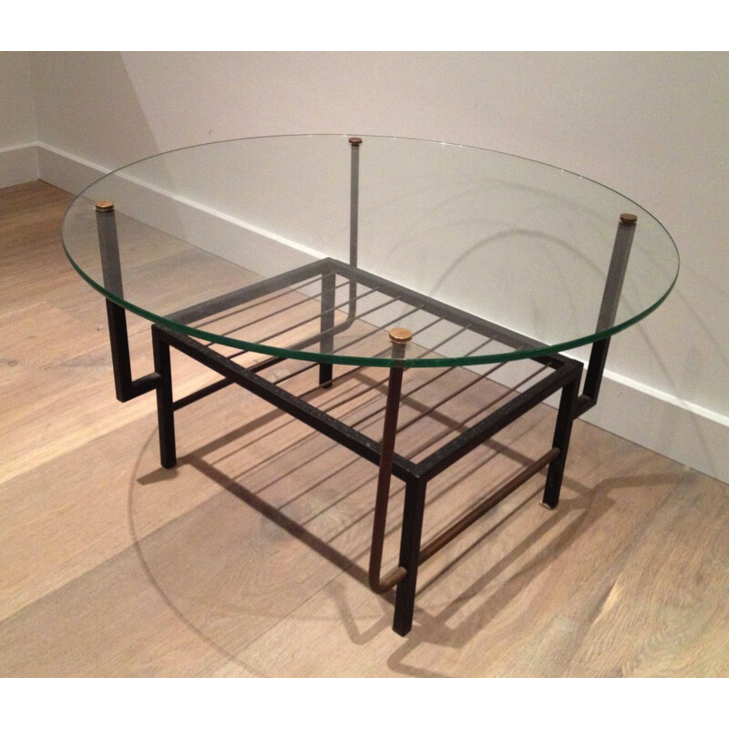 Round vintage coffee table, black lacquered metal, France 1970