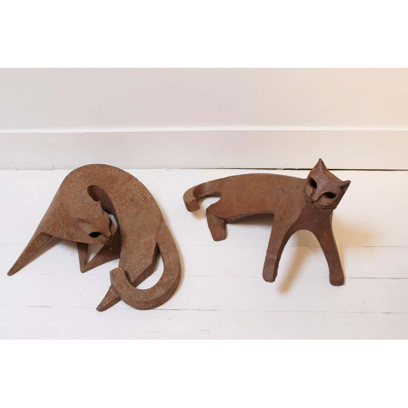 Coppia di gatti vintage in ceramica di Karel Dupont, Belgio