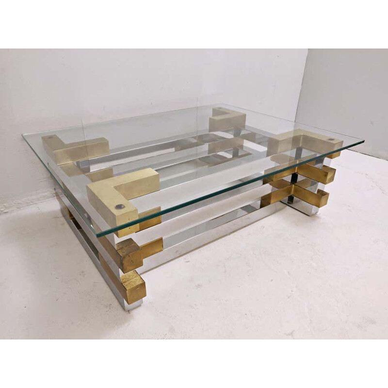 Vintage Coffee Table in Brass, Plexiglas and Glass 