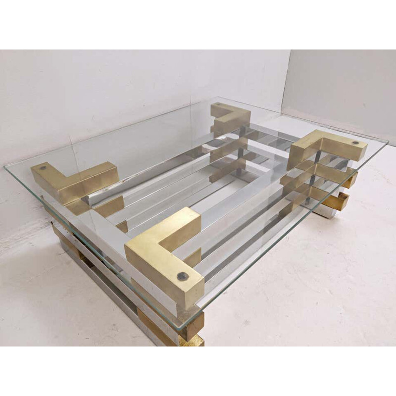 Vintage Coffee Table in Brass, Plexiglas and Glass 