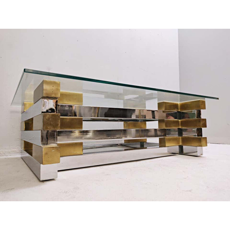 Vintage Coffee Table in Brass, Plexiglas and Glass 