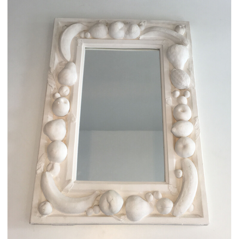 Vintage decorative plaster mirror with fruit decorations, France 1970