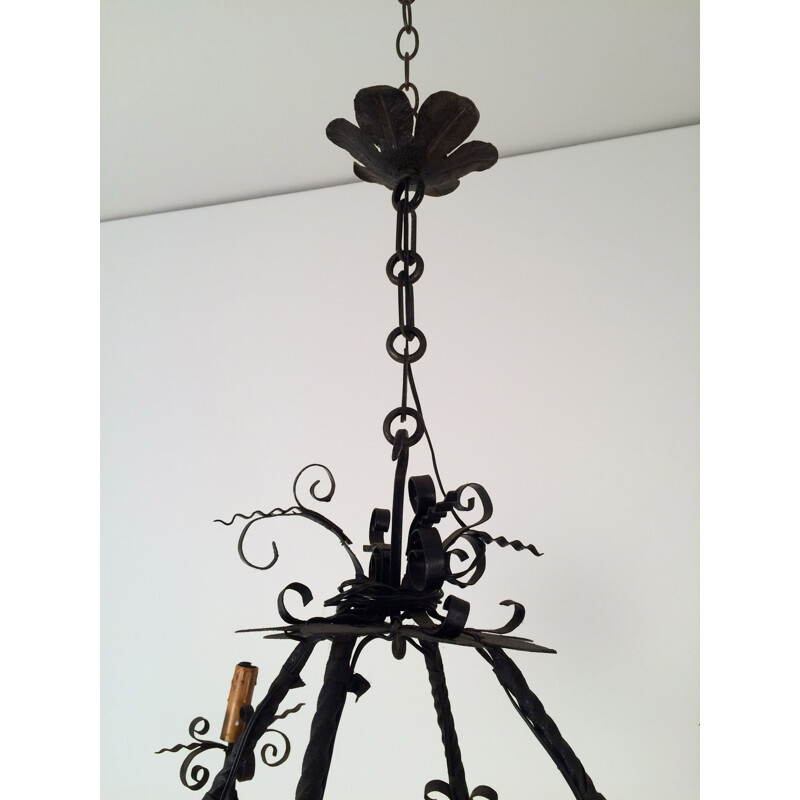 Vintage wrought iron chandelier with 4 arms, France 1940