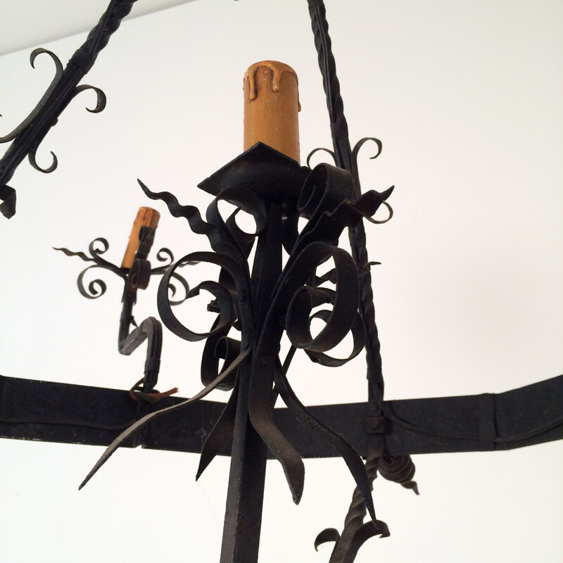 Vintage wrought iron chandelier with 4 arms, France 1940