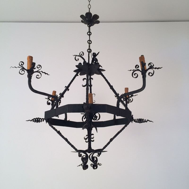 Vintage wrought iron chandelier with 4 arms, France 1940