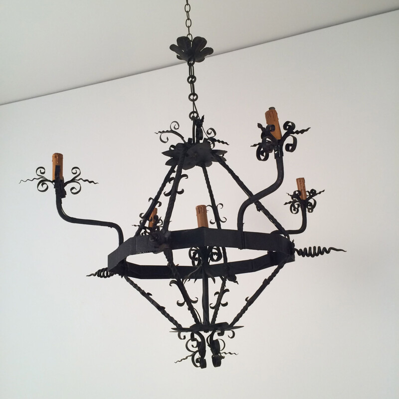 Vintage wrought iron chandelier with 4 arms, France 1940