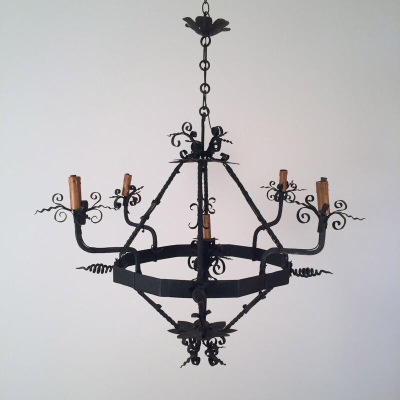 Vintage wrought iron chandelier with 4 arms, France 1940