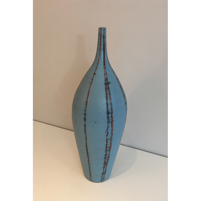 Vase vintage en céramique dans les tons bleus, 1970
