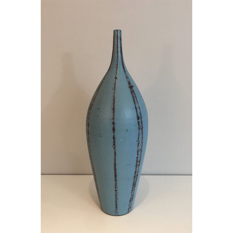 Vase vintage en céramique dans les tons bleus, 1970