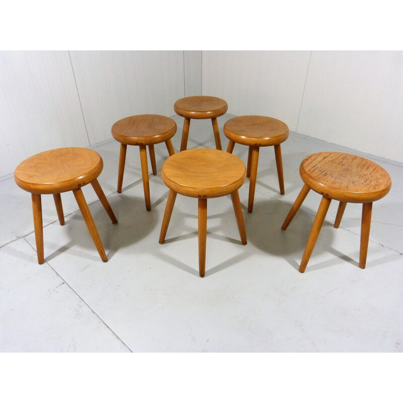 Set of 6 vintage beech wooden stools 1950s