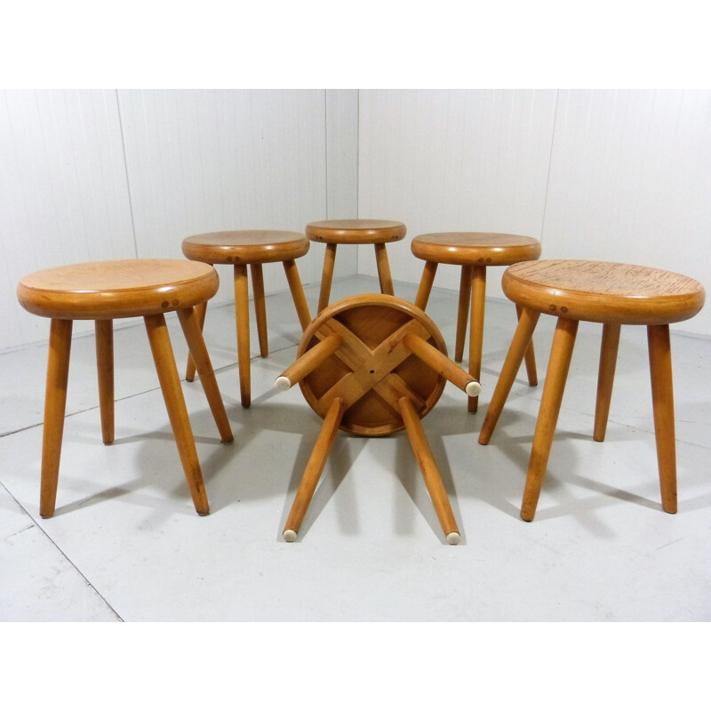 Set of 6 vintage beech wooden stools 1950s