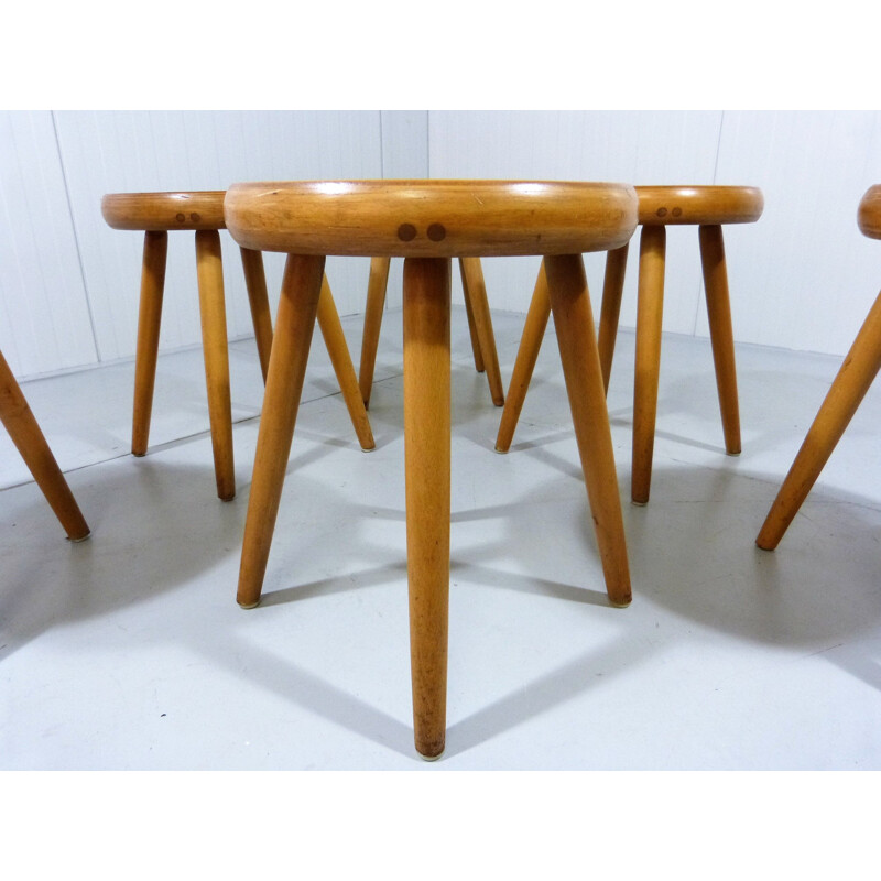 Set of 6 vintage beech wooden stools 1950s