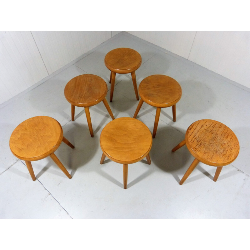 Set of 6 vintage beech wooden stools 1950s